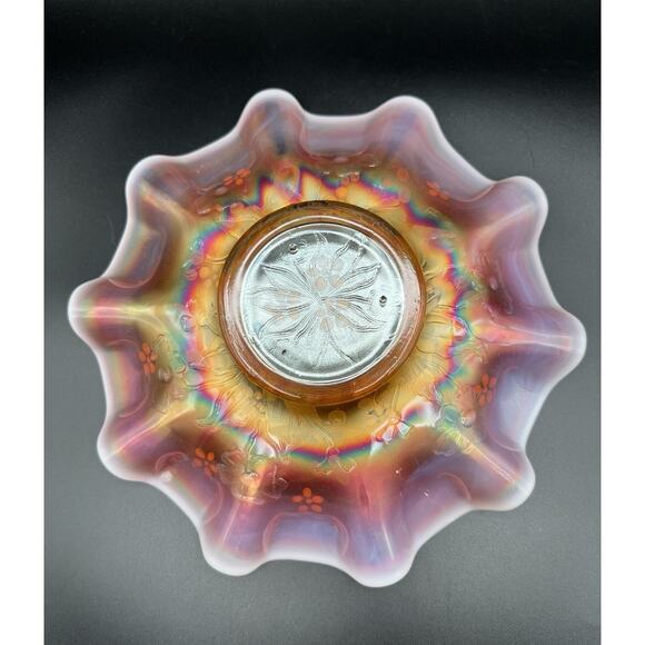 Antique Dugan Enameled Single Flower Opalescent Peach Carnival Glass Bowl 9” - Picture 7 of 11